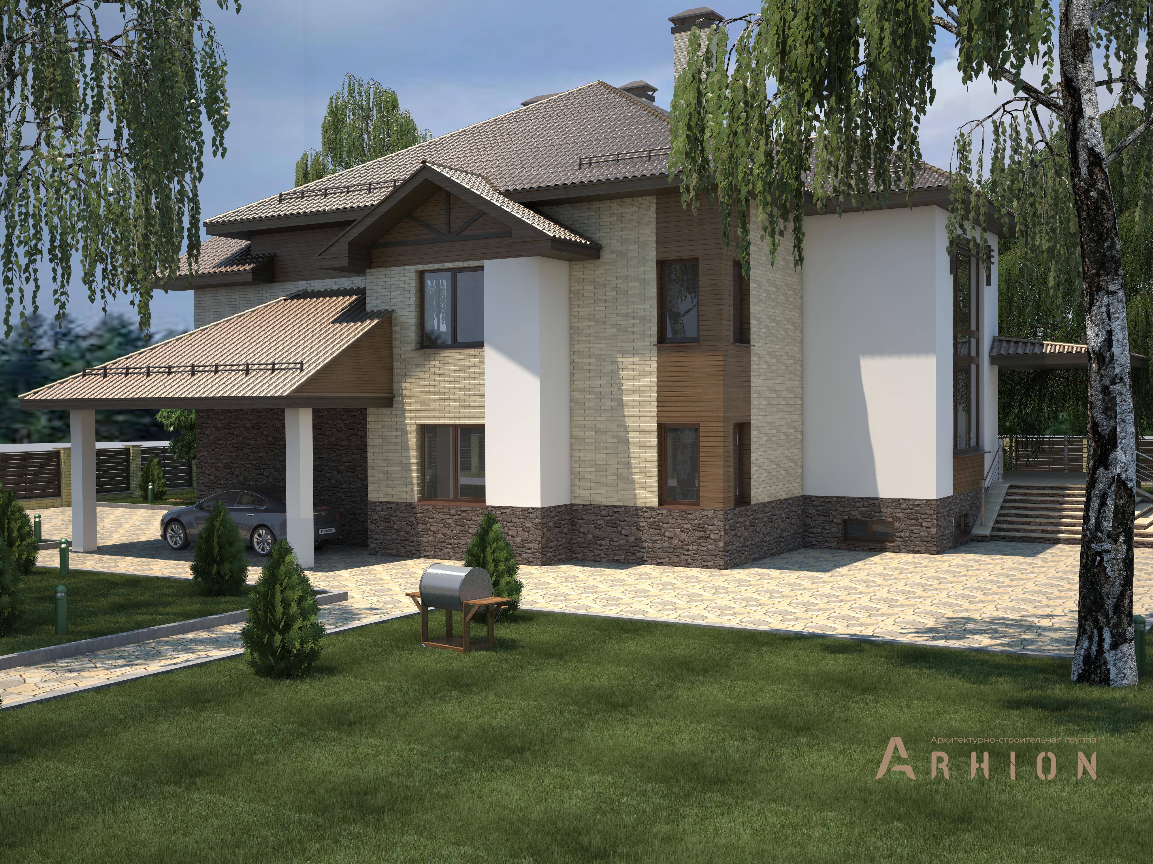 4. Проект двухэтажного дома в английском стиле с многоскатной кровлей, T-29, площадью - 456 кв c цокольным этажом, мансардой, терассой, гаражом, эркером, вторым светом